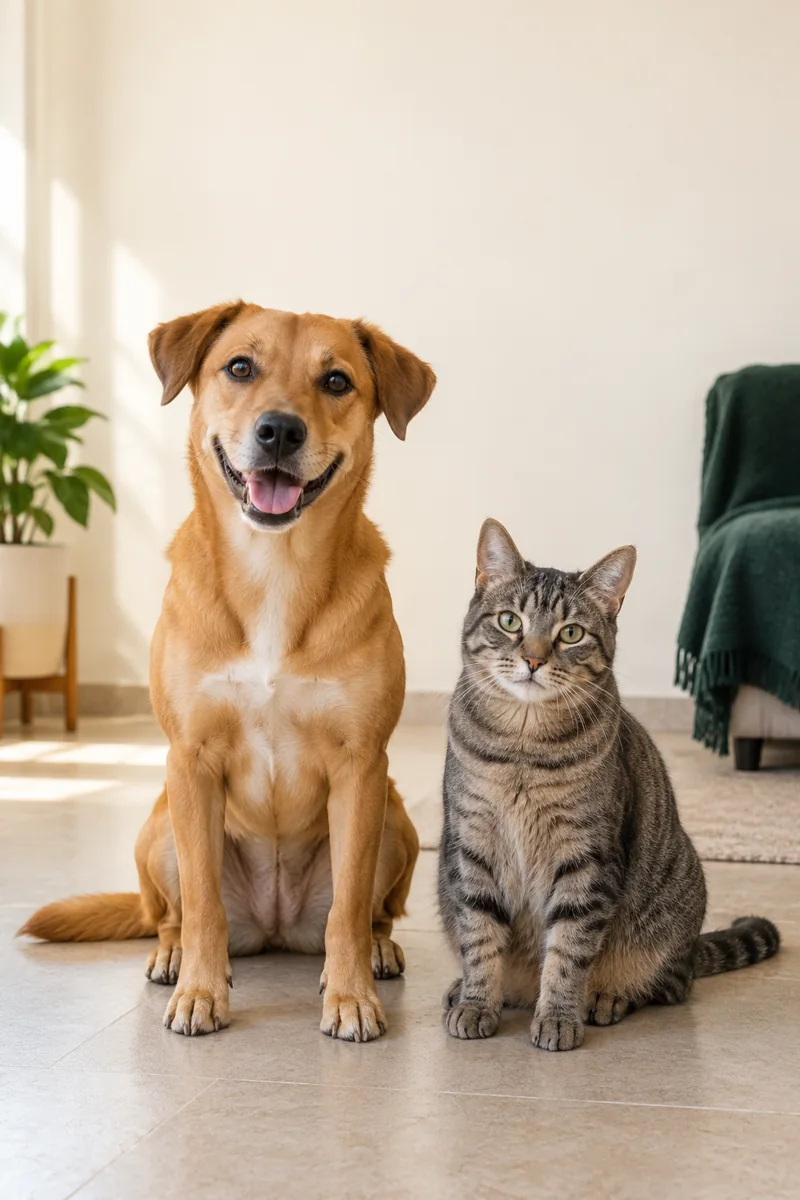 Cachorro caramelo e gato tigrado sentados em uma sala clara